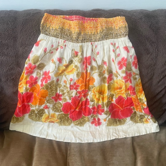 Free People FP Linen Blend Red Orange Green Bubble Skirt Smocked Tiered Design - Picture 6 of 7